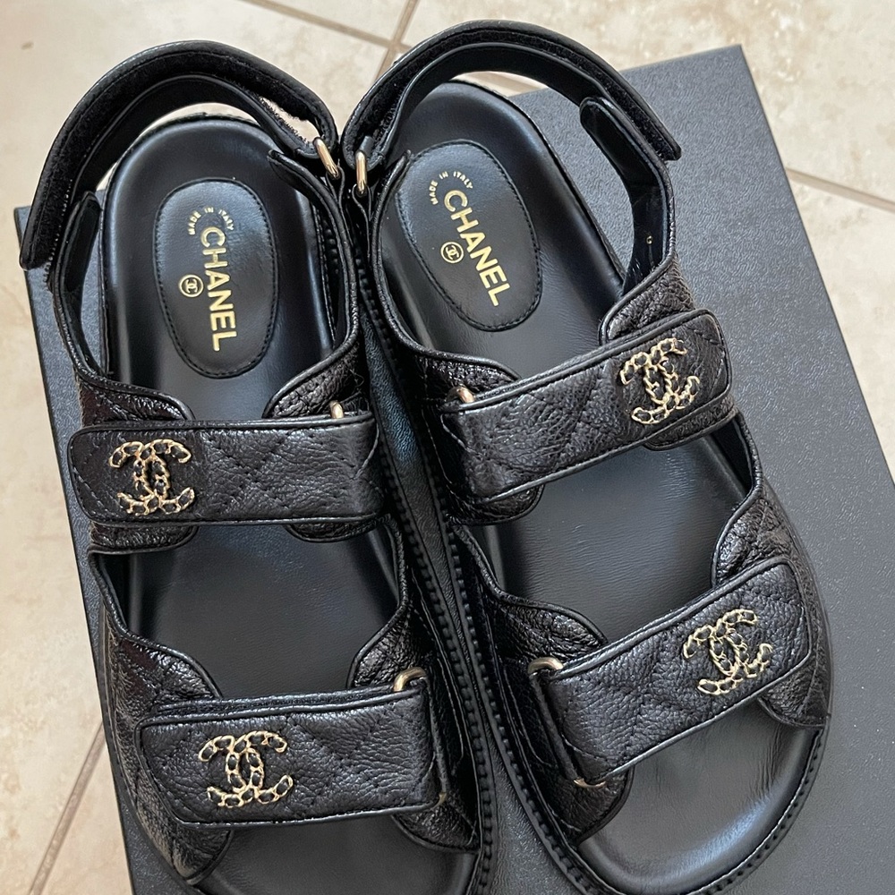 NEW CHANEL Black Caviar Dad Sandals